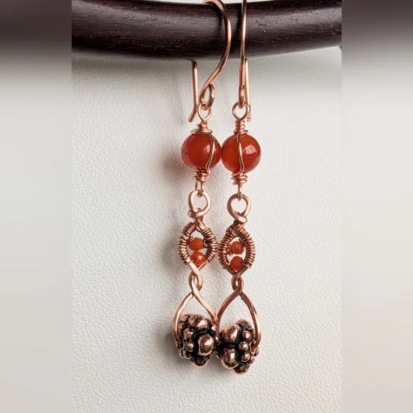 Copper Dangle Earrings Orange-Red Carnelian Agate Artisan Crafted - Picture 9 of 16